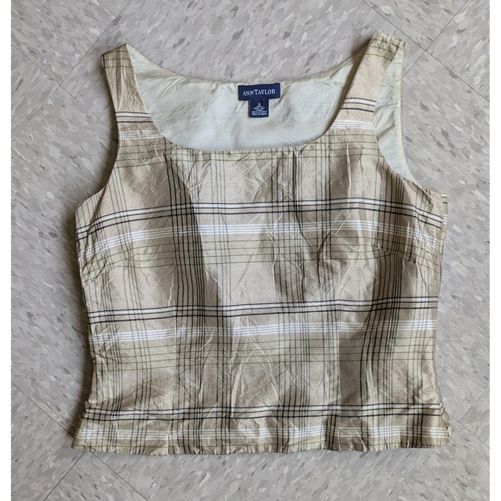 Ann Taylor Silk Plaid Tank Top Square Neck Vintage Y2K Tan Cream 34574 Size 6
